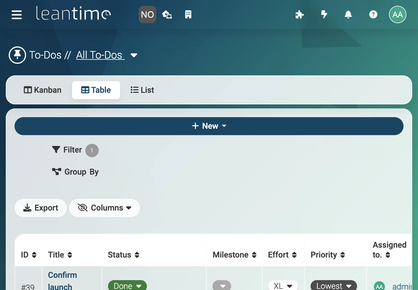 Operations To-Do Table - desktop light theme in Leantime