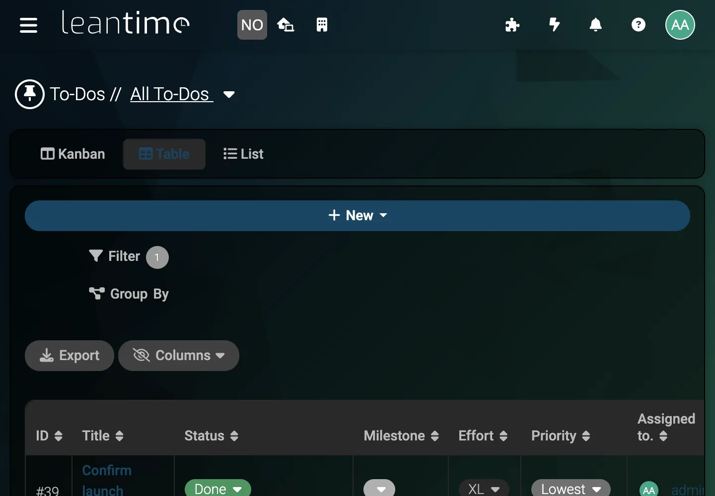 Operations To-Do Table - desktop dark theme in Leantime