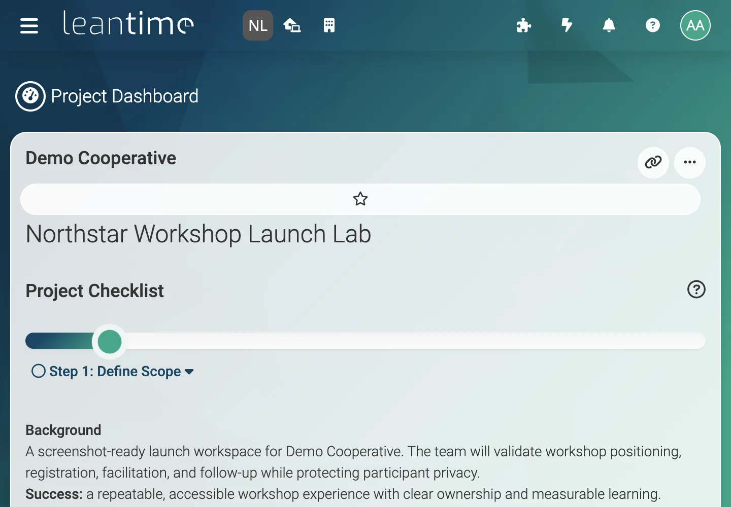 Launch Project Overview - desktop light theme in Leantime