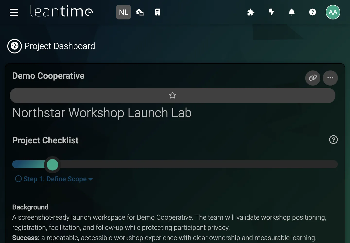 Launch Project Overview - desktop dark theme in Leantime