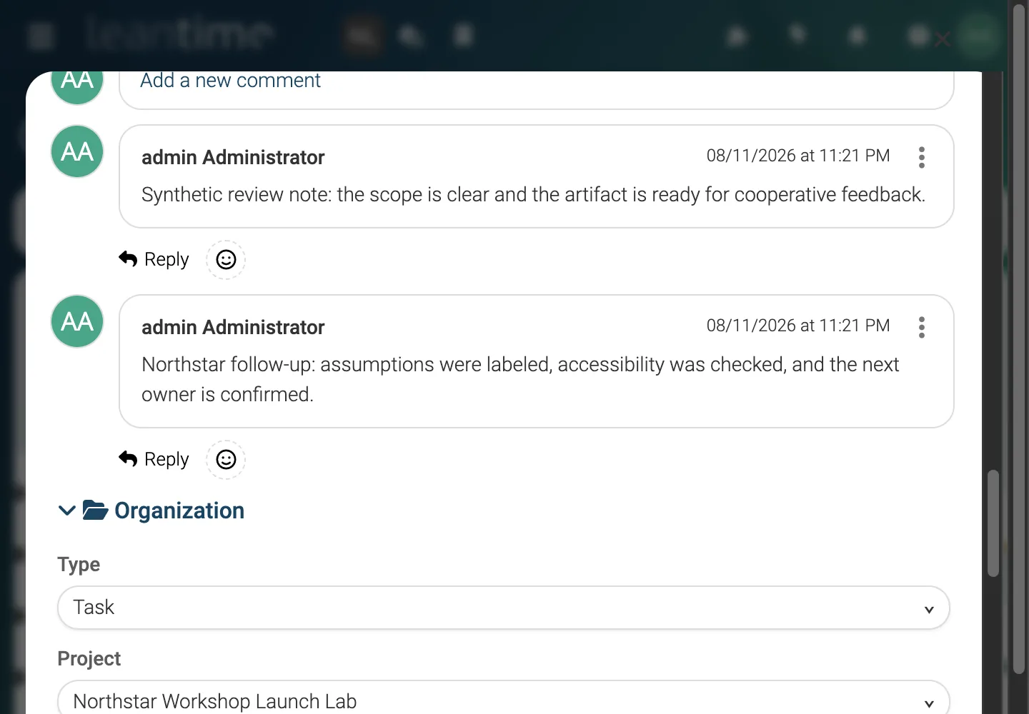Task Comments and Activity - desktop light theme in Leantime