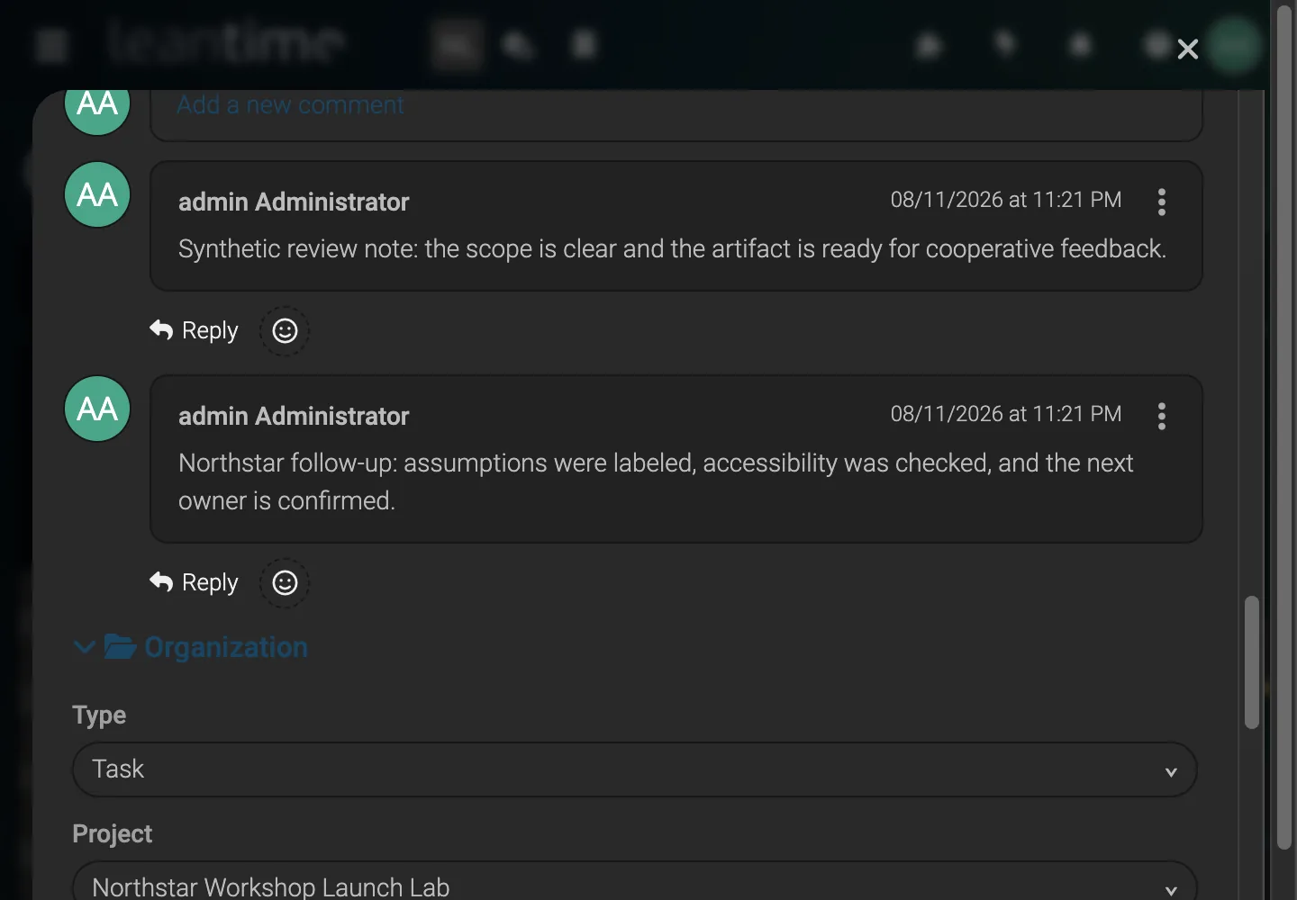 Task Comments and Activity - desktop dark theme in Leantime