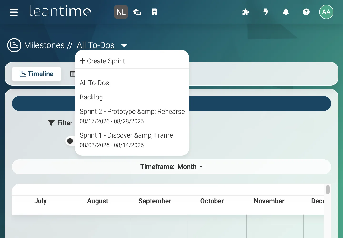 Sprint Selector - desktop light theme in Leantime