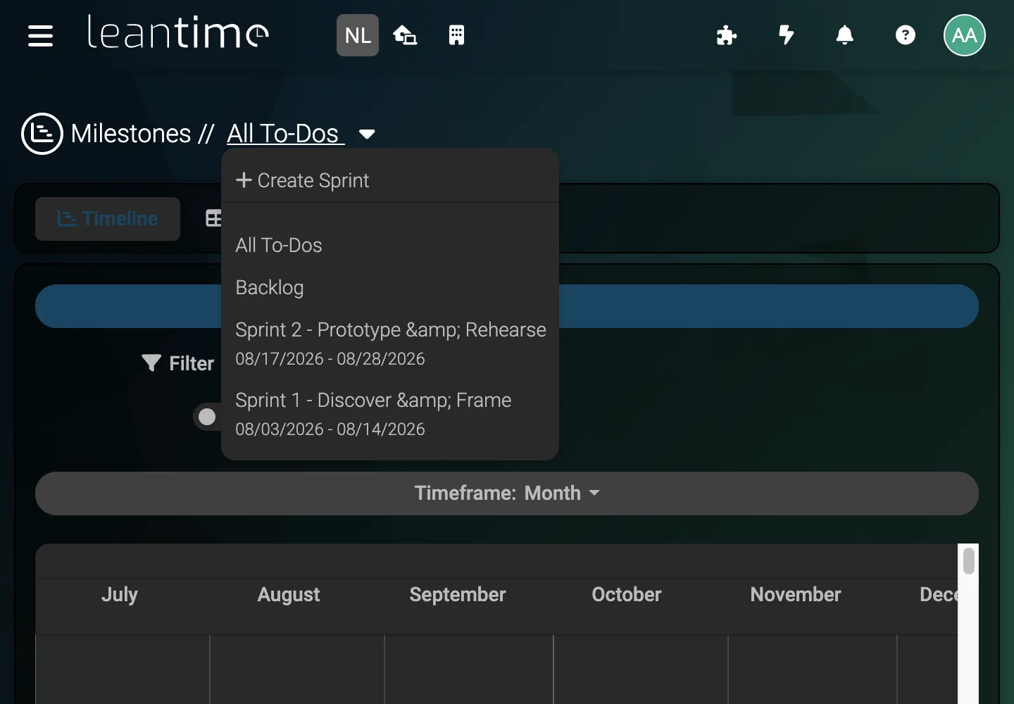 Sprint Selector - desktop dark theme in Leantime