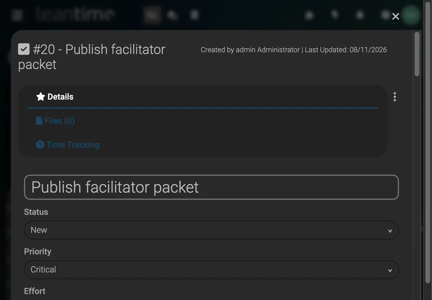 Task Detail Overview - desktop dark theme in Leantime