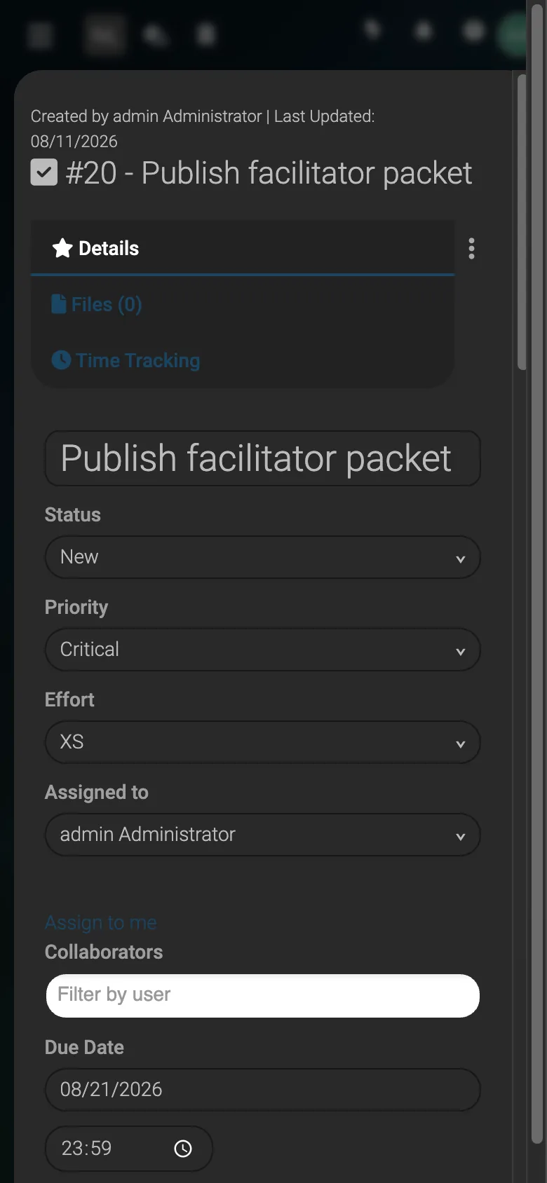 Task Detail Overview - mobile dark theme in Leantime