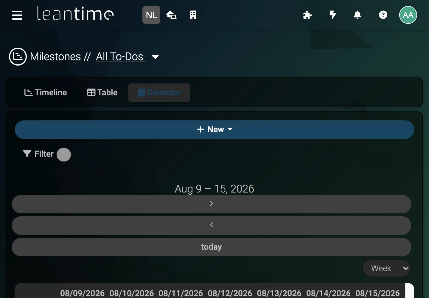 Calendar Week View - desktop dark theme in Leantime