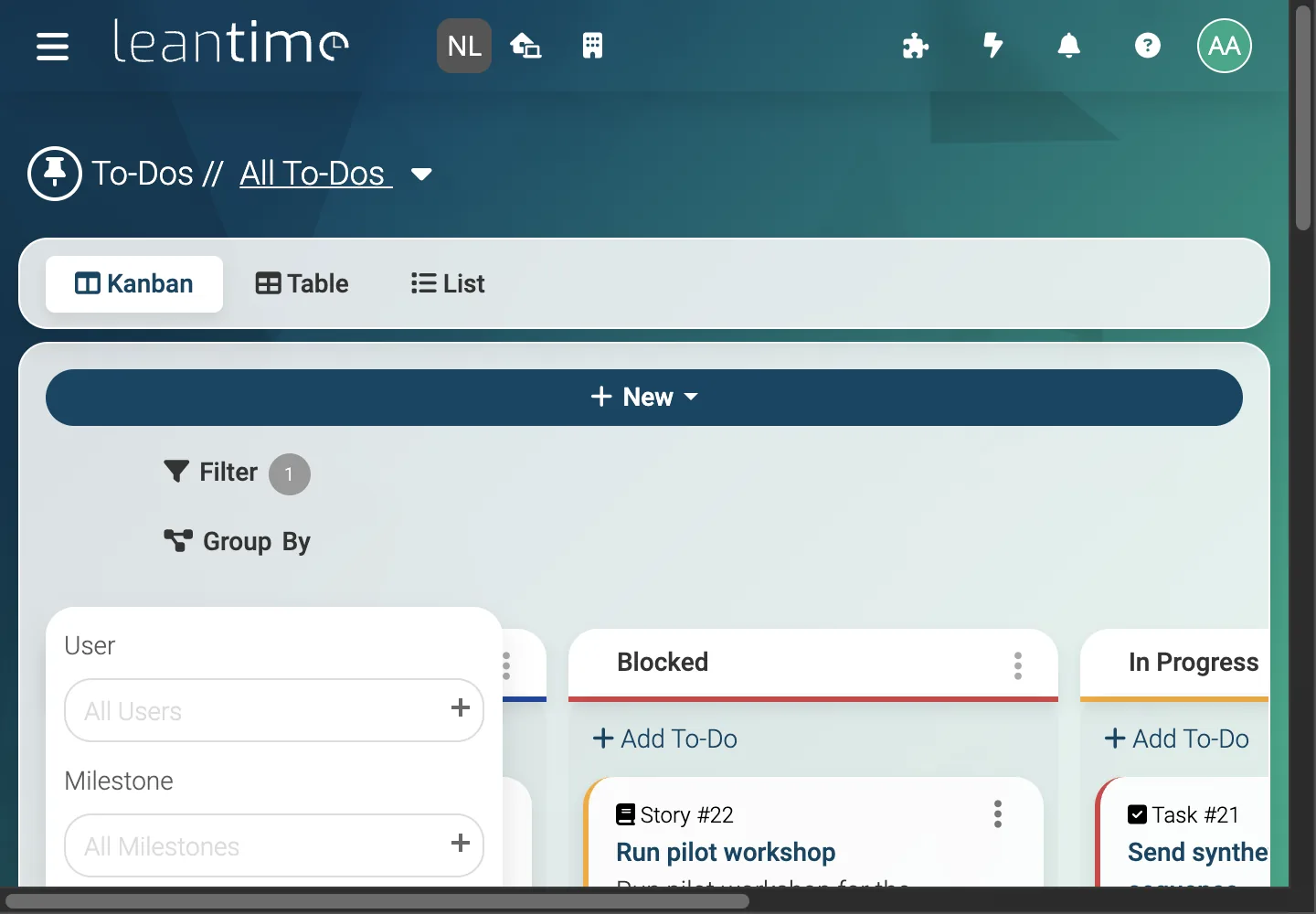 Task Filter Panel - desktop light theme in Leantime