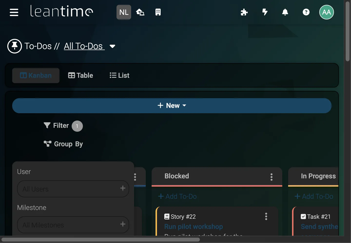 Task Filter Panel - desktop dark theme in Leantime