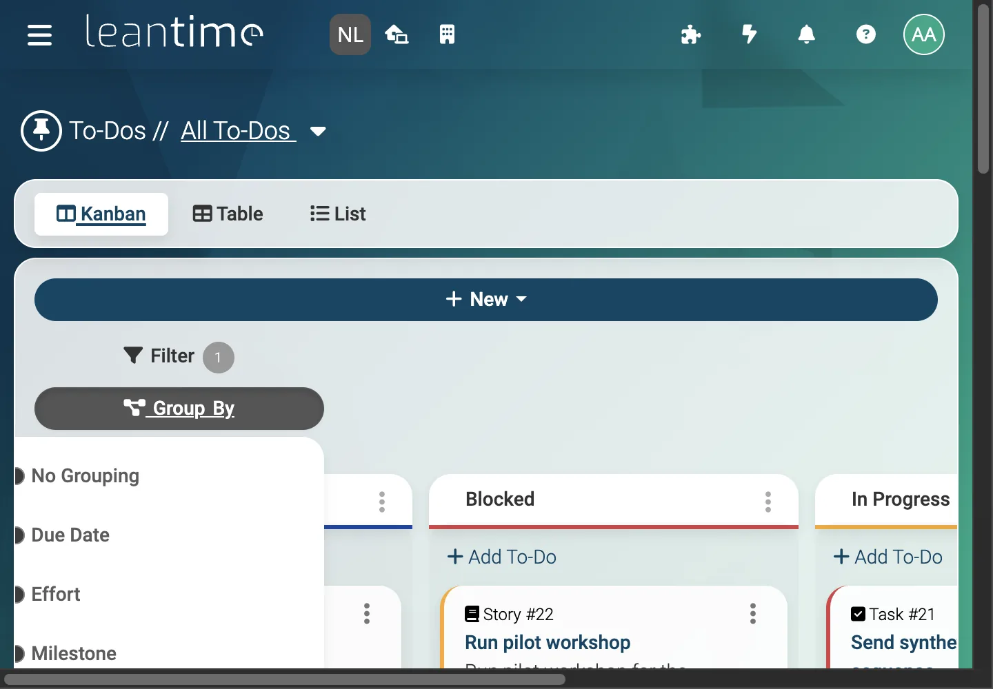 Task Group By Menu - desktop light theme in Leantime