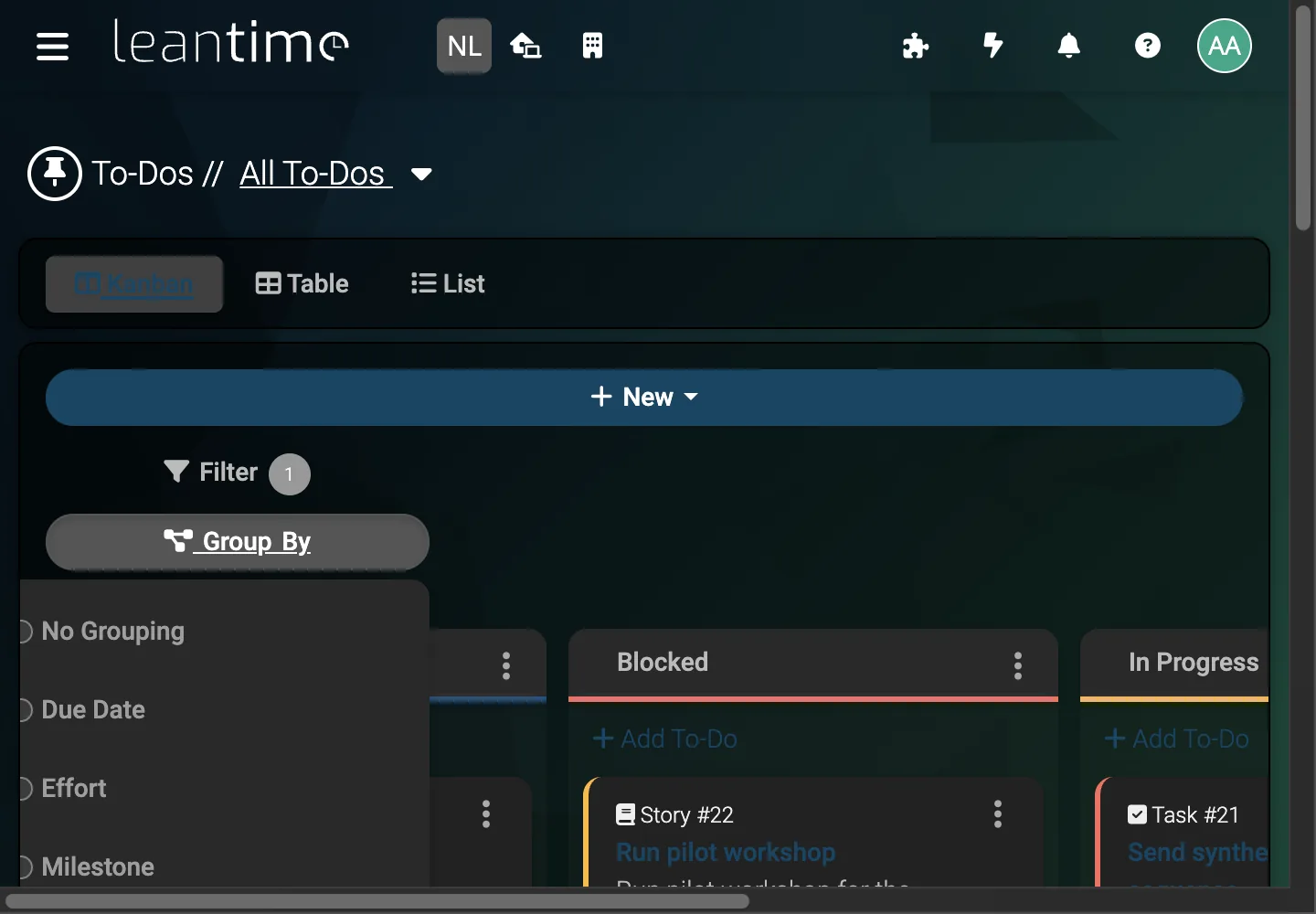 Task Group By Menu - desktop dark theme in Leantime