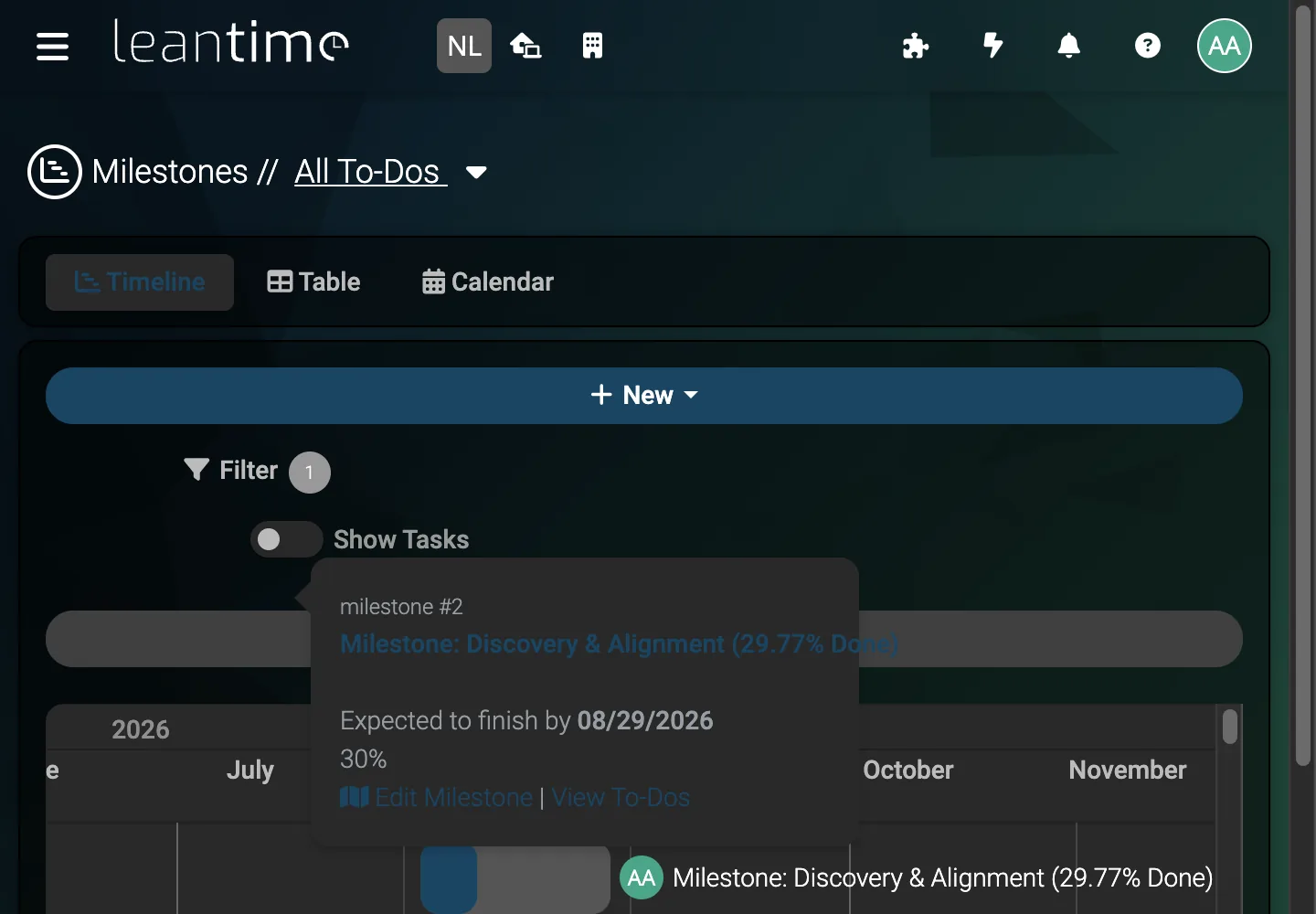 Milestone Detail - desktop dark theme in Leantime