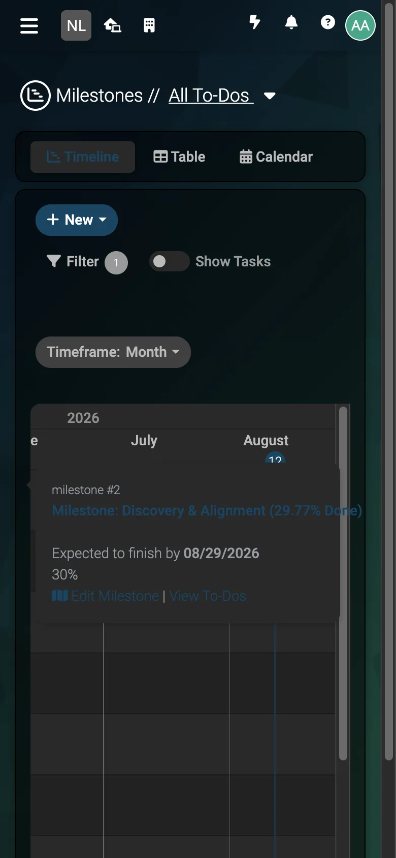 Milestone Detail - mobile dark theme in Leantime