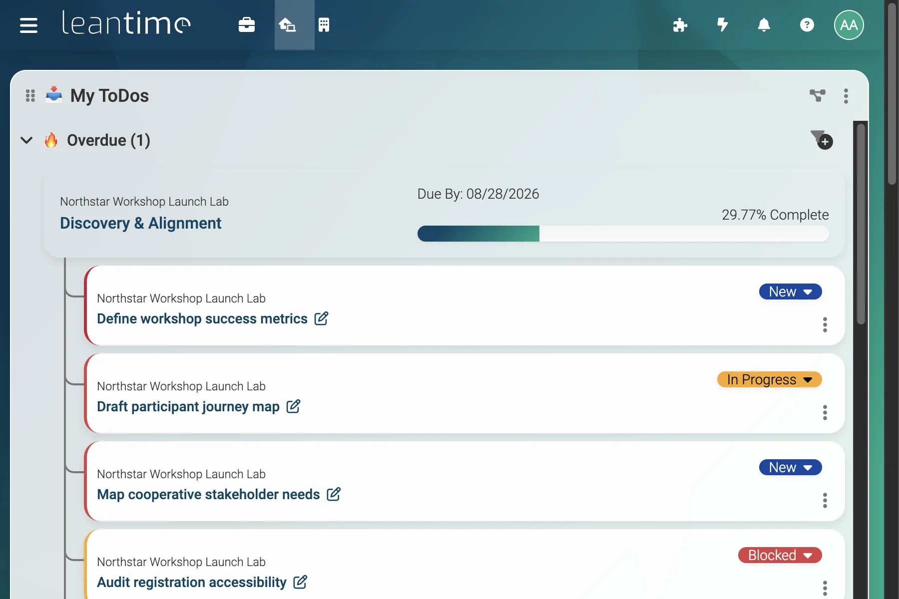 My Work Dashboard - wide desktop light theme in Leantime