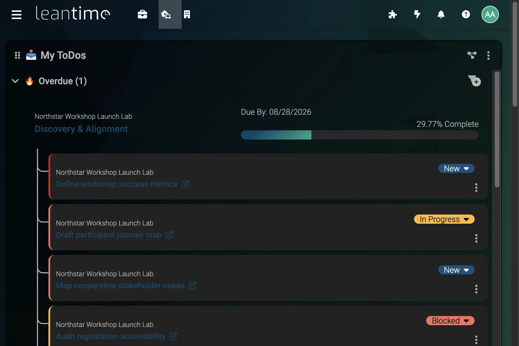 My Work Dashboard - wide desktop dark theme in Leantime