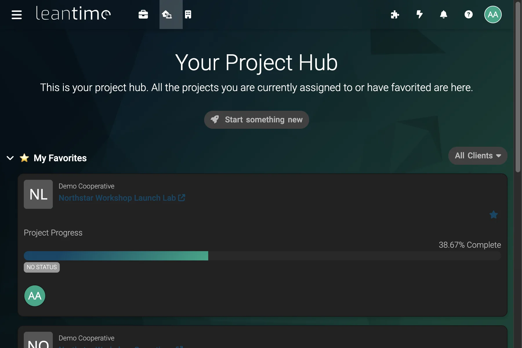 Project Hub Portfolio - wide desktop dark theme in Leantime