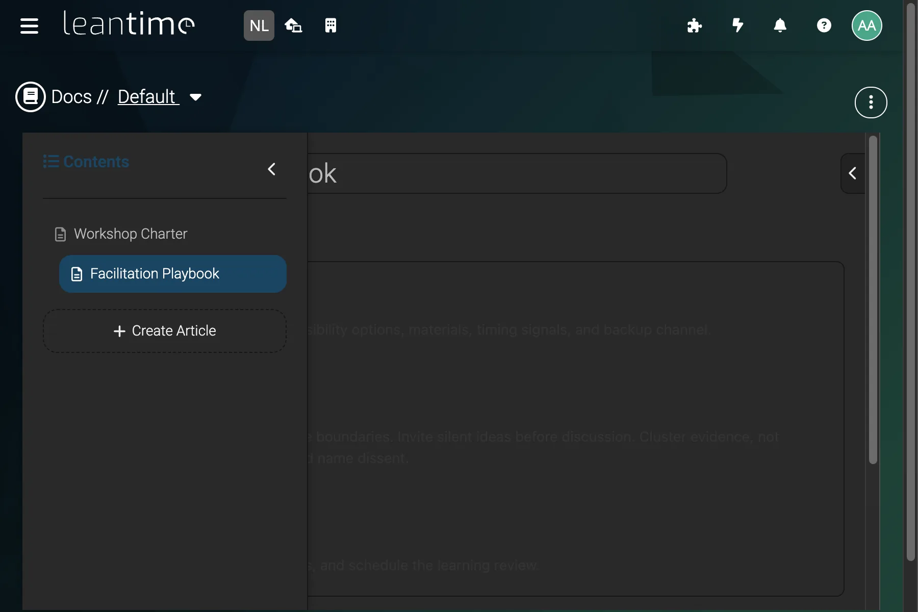 Wiki Article Tree - wide desktop dark theme in Leantime