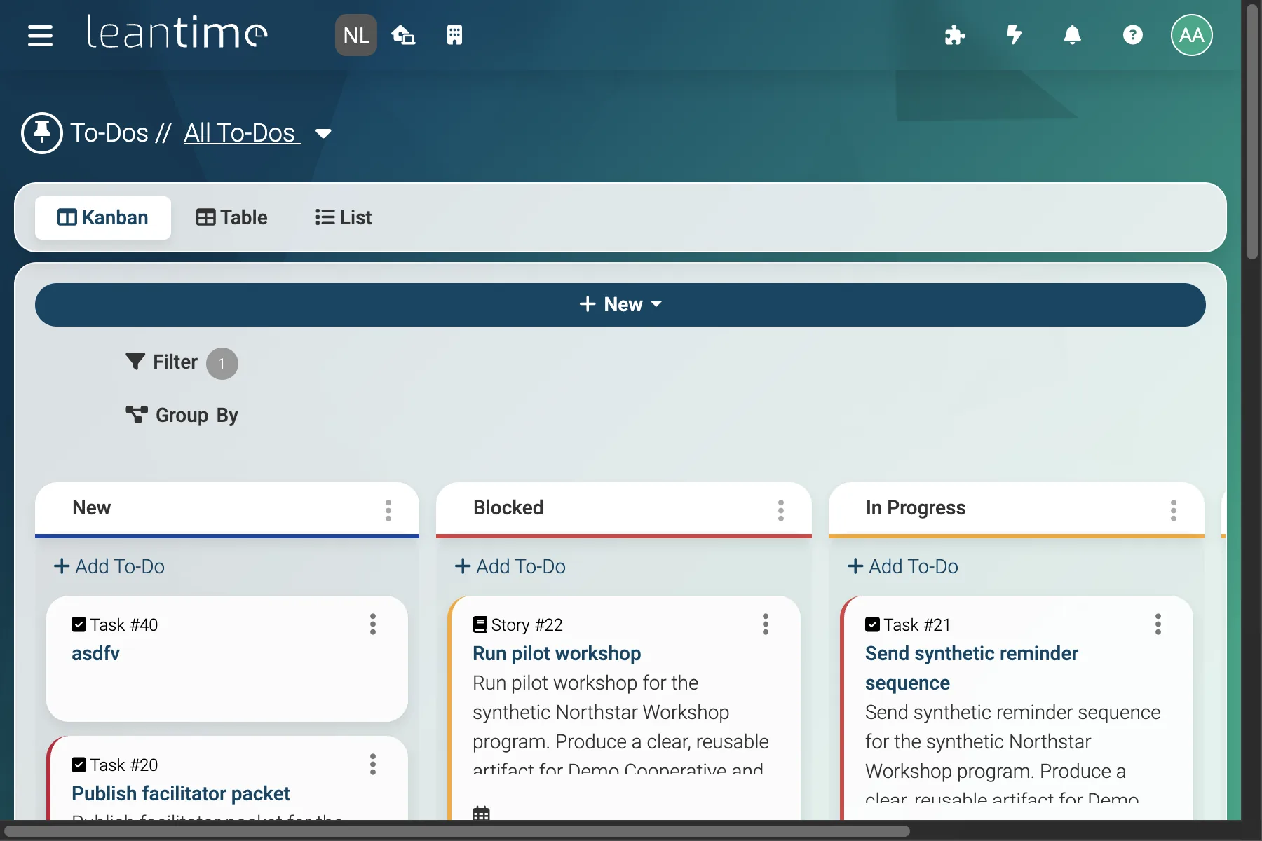 To-Do Kanban Board - wide desktop light theme in Leantime