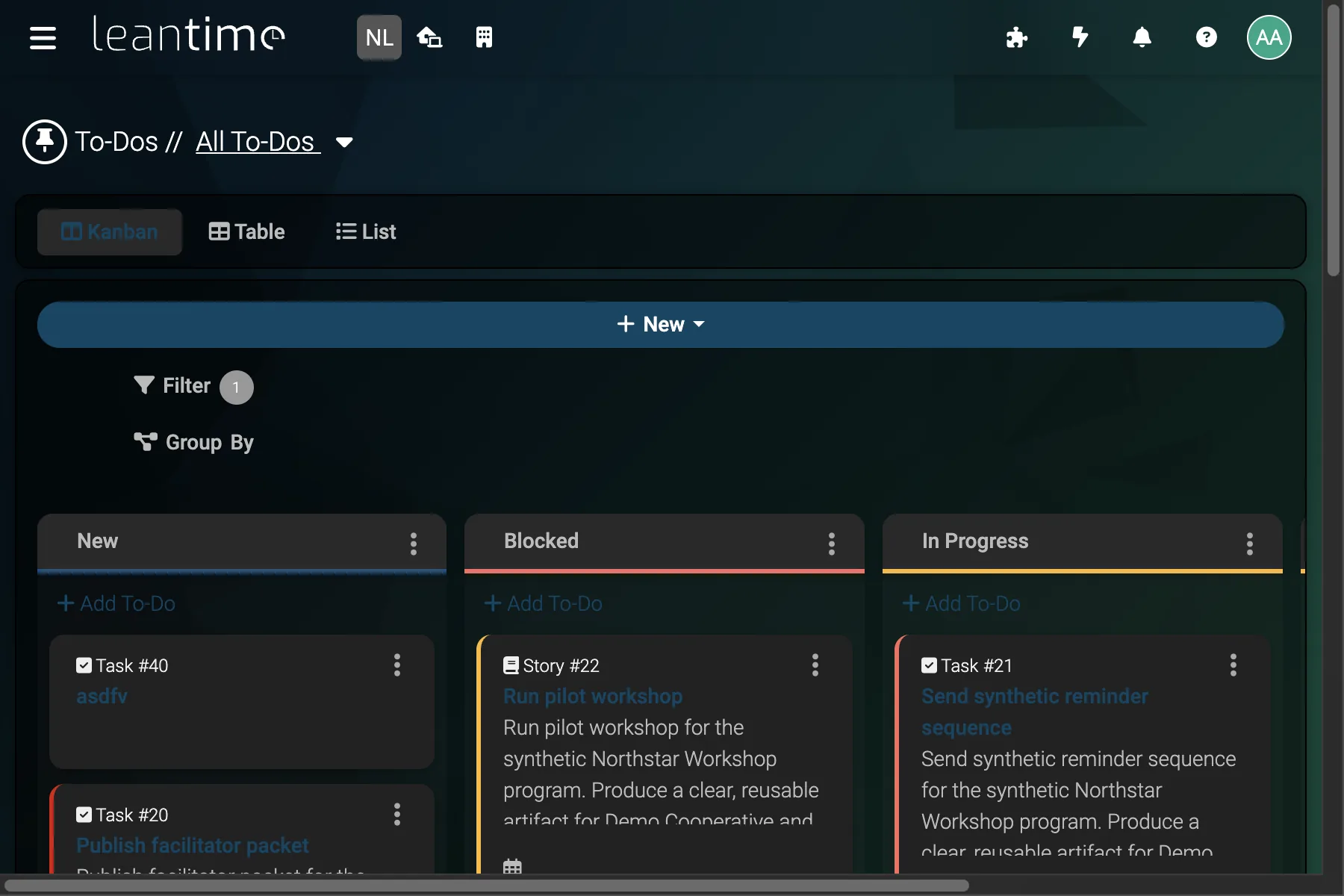 To-Do Kanban Board - wide desktop dark theme in Leantime