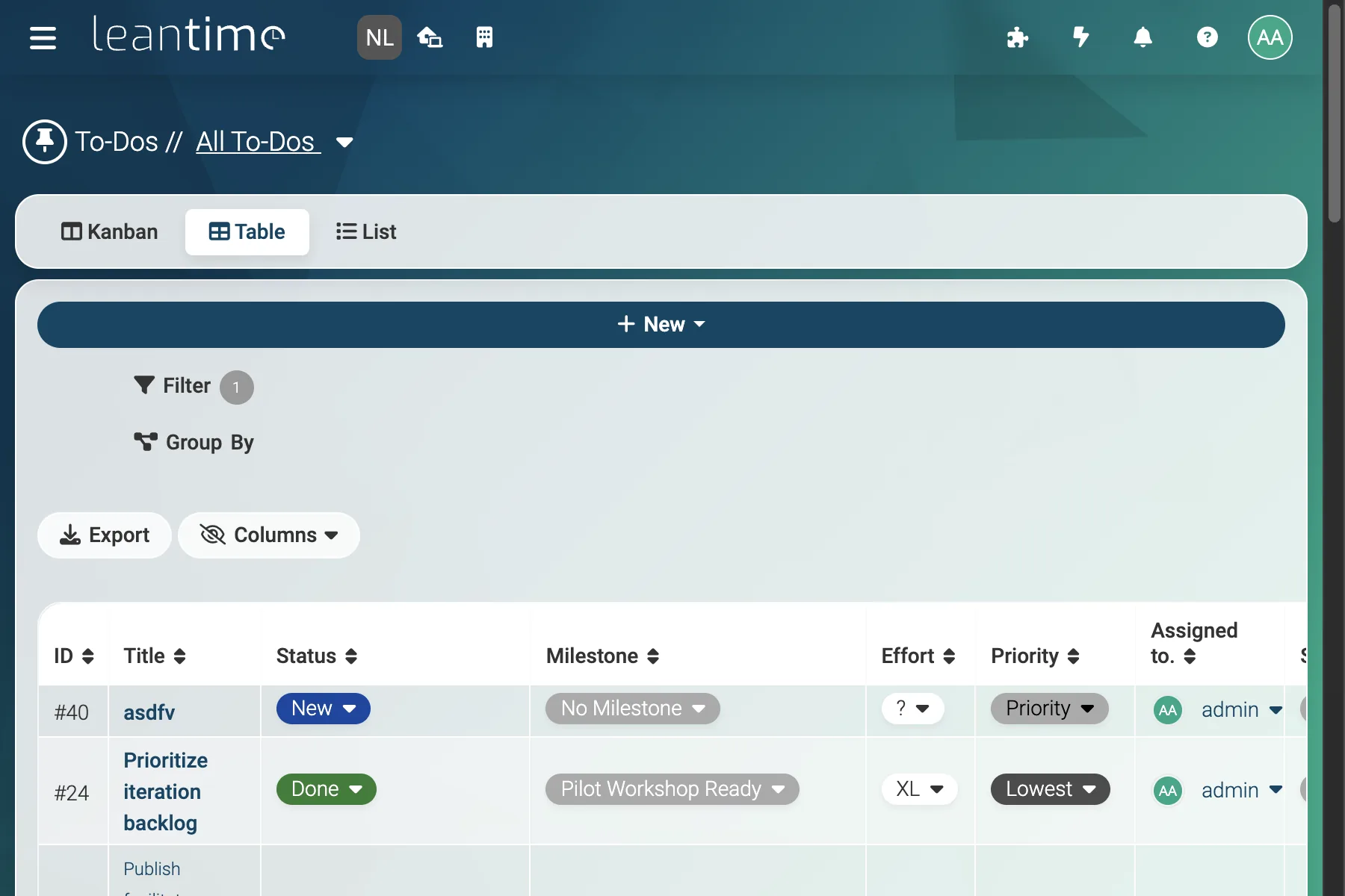 To-Do Table - wide desktop light theme in Leantime