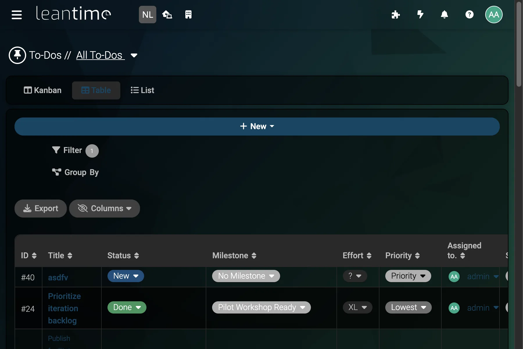 To-Do Table - wide desktop dark theme in Leantime