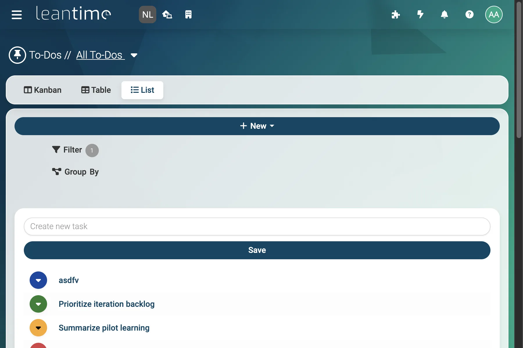 To-Do List - wide desktop light theme in Leantime
