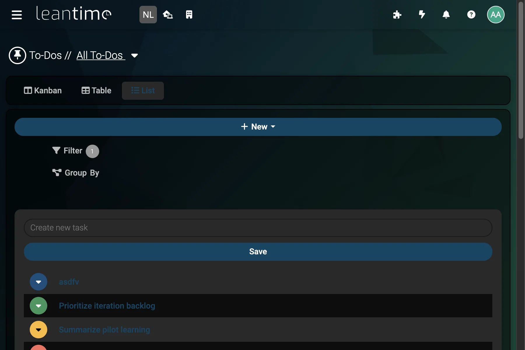 To-Do List - wide desktop dark theme in Leantime