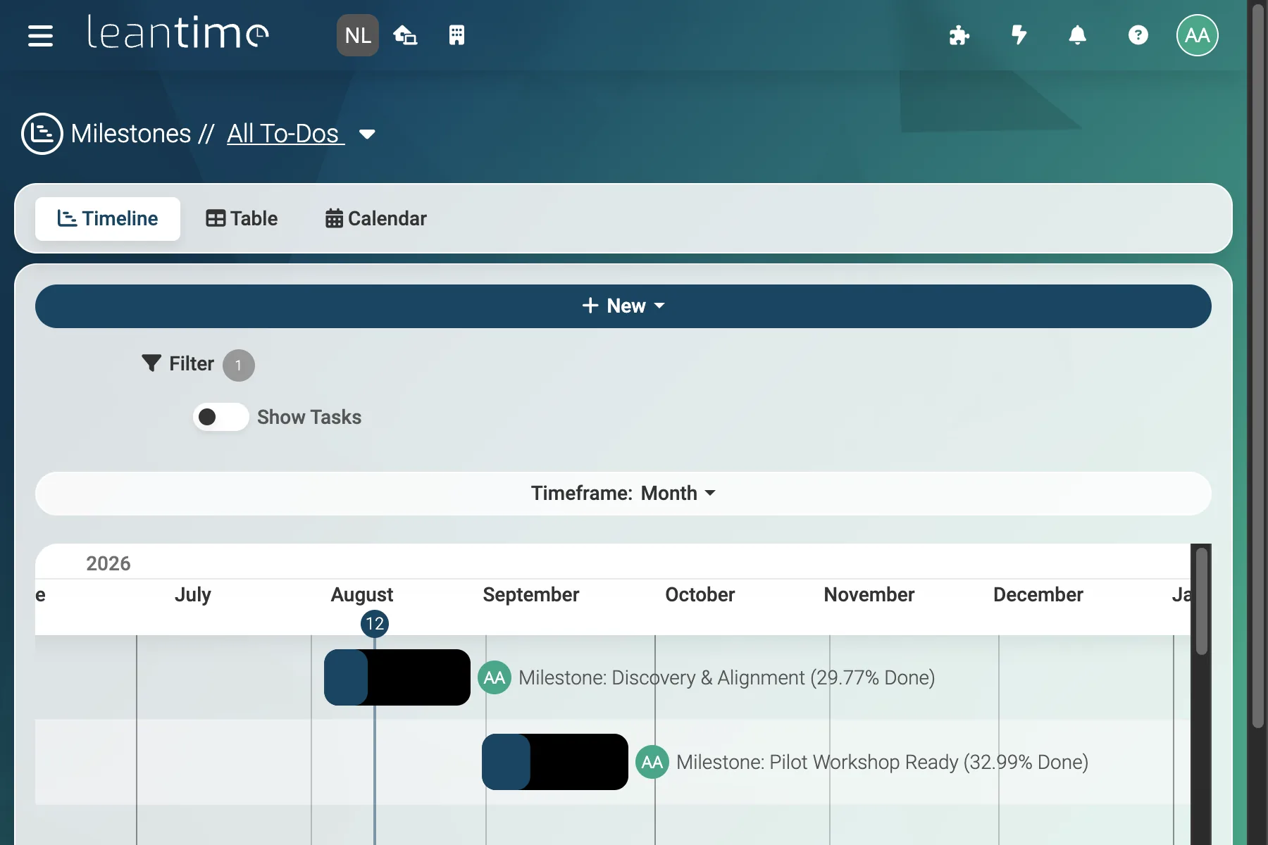 Milestone Roadmap - wide desktop light theme in Leantime