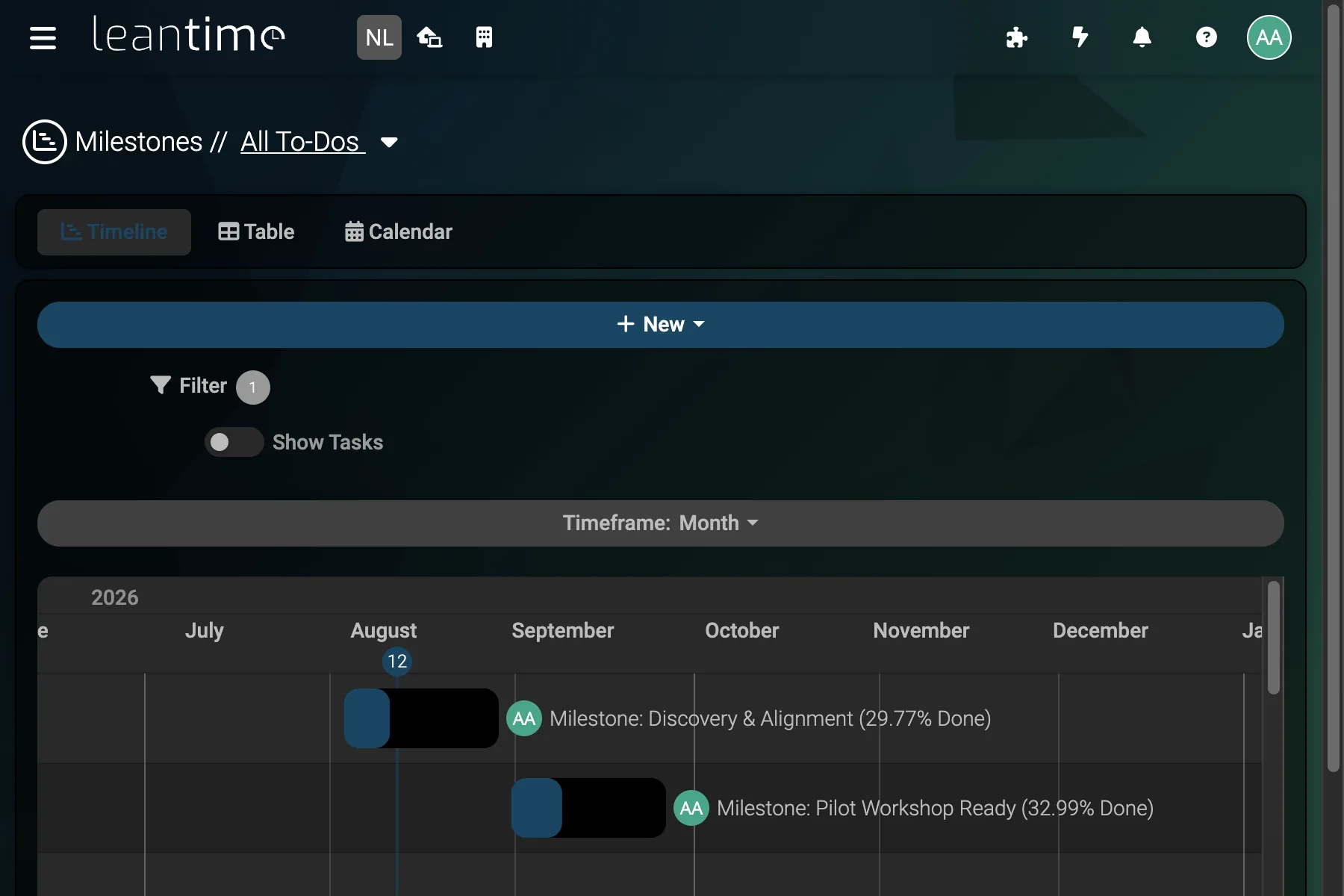 Milestone Roadmap - wide desktop dark theme in Leantime