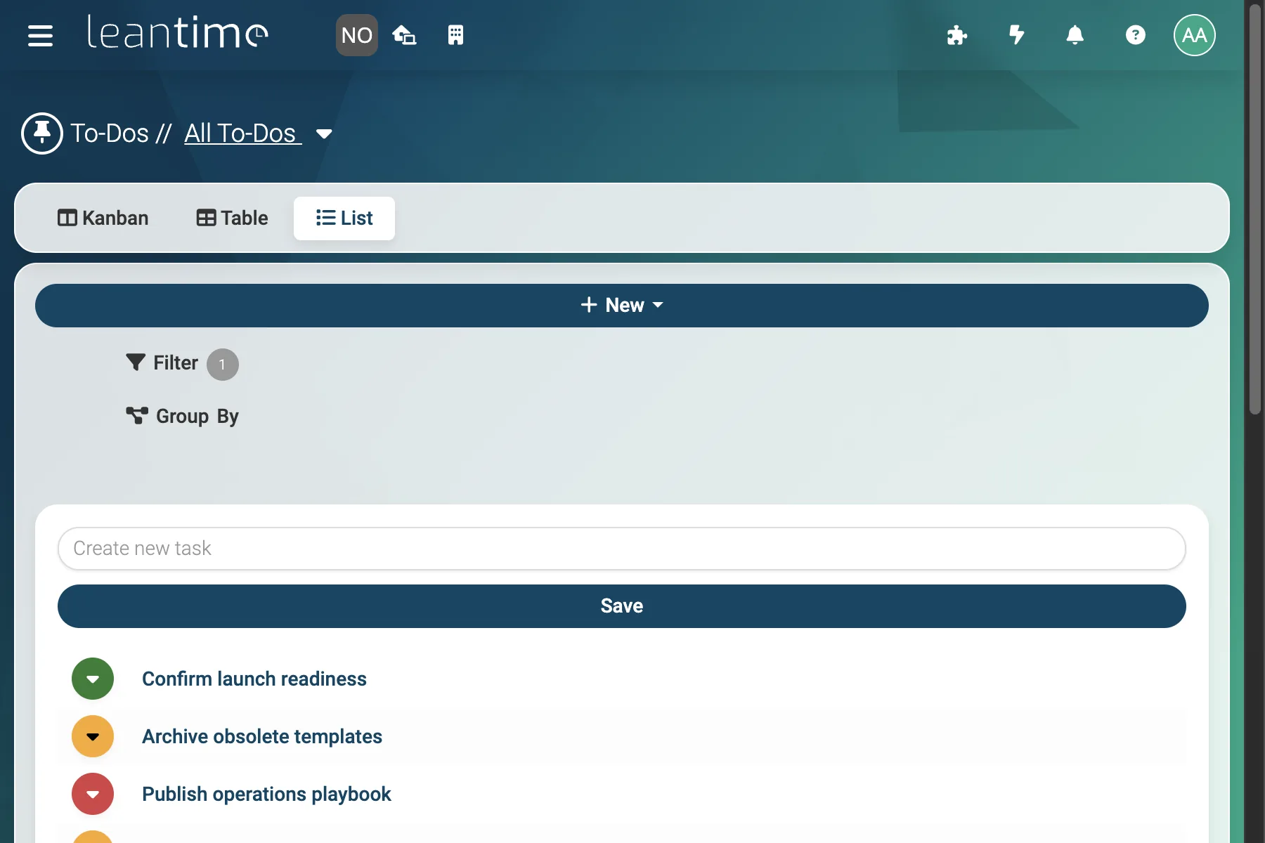 Operations To-Do List - wide desktop light theme in Leantime