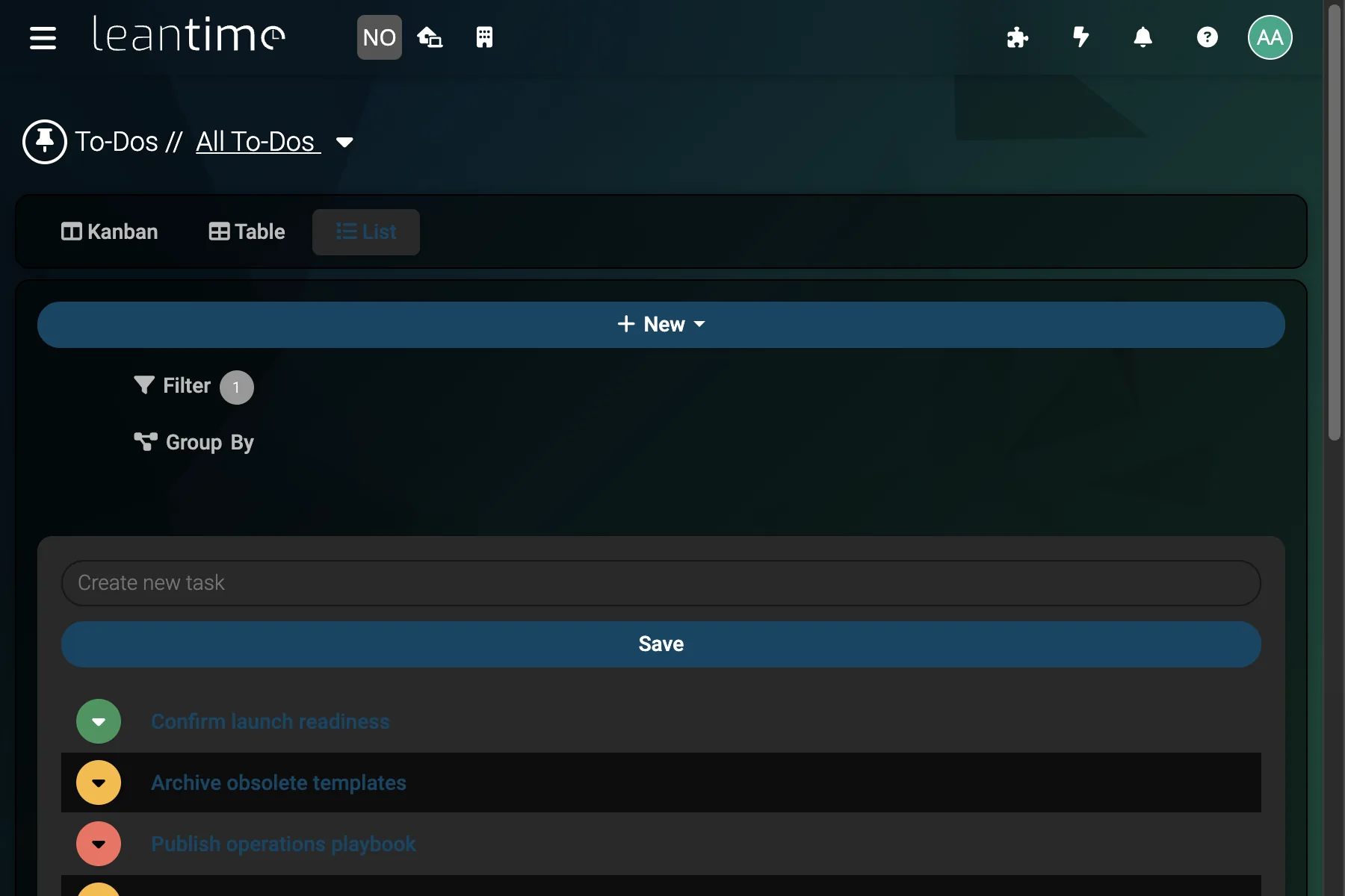 Operations To-Do List - wide desktop dark theme in Leantime