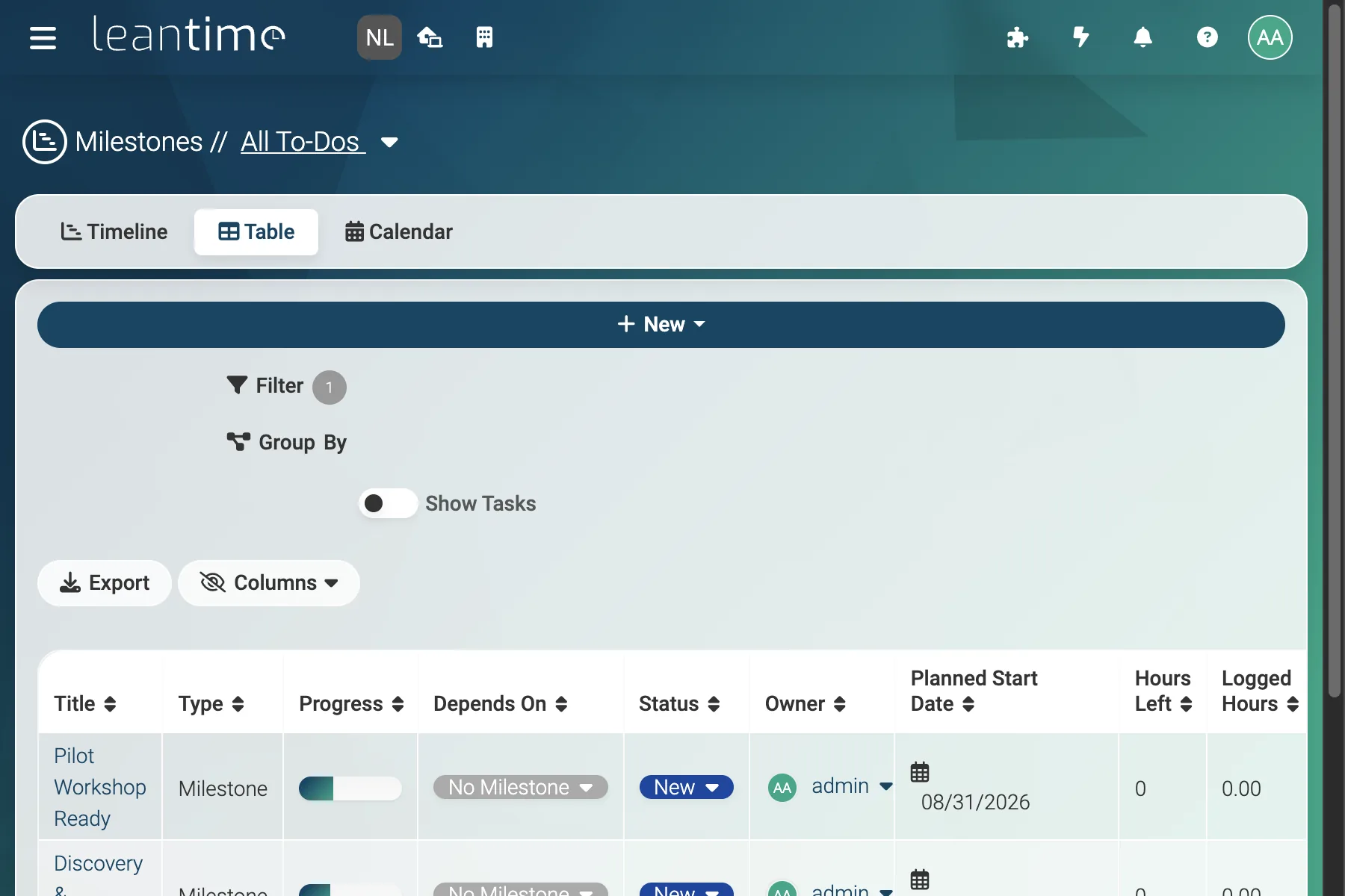 Milestone Table - wide desktop light theme in Leantime