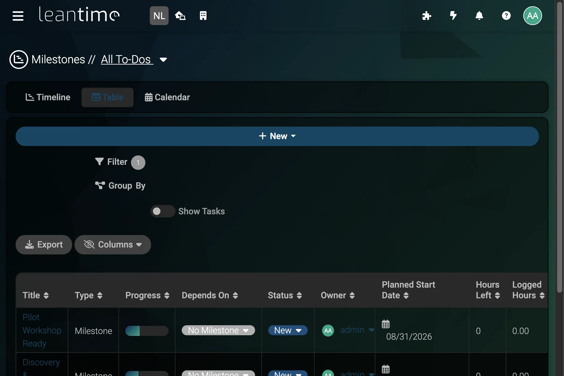 Milestone Table - wide desktop dark theme in Leantime