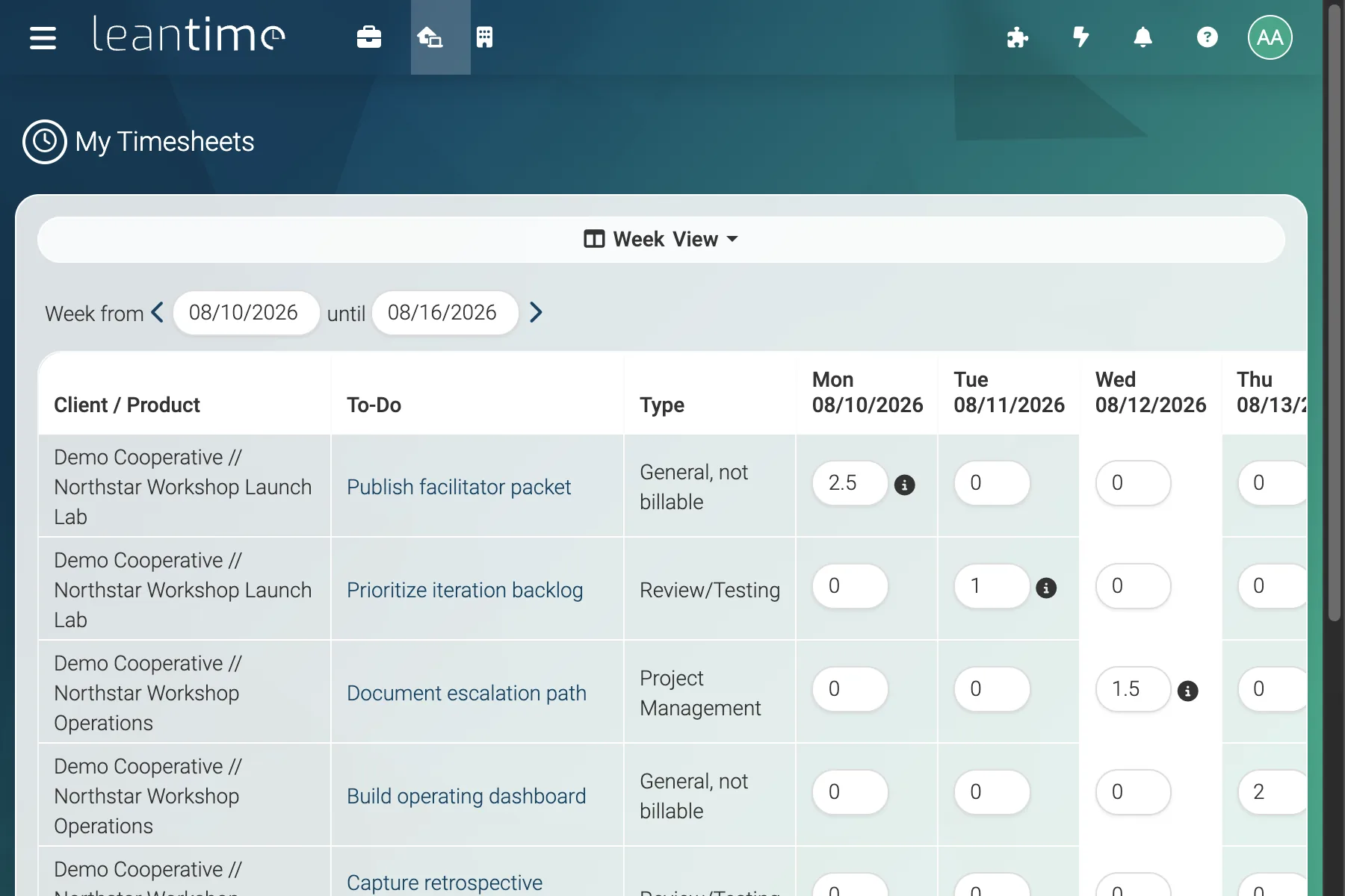 Launch Weekly Timesheets - wide desktop light theme in Leantime