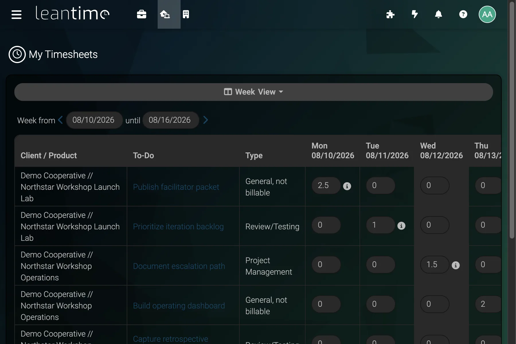 Launch Weekly Timesheets - wide desktop dark theme in Leantime