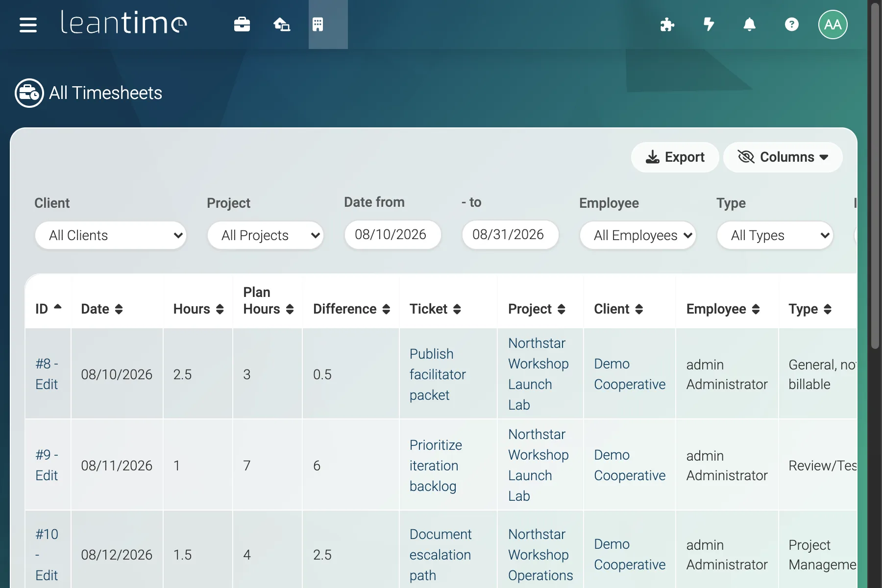 Team Timesheets - wide desktop light theme in Leantime