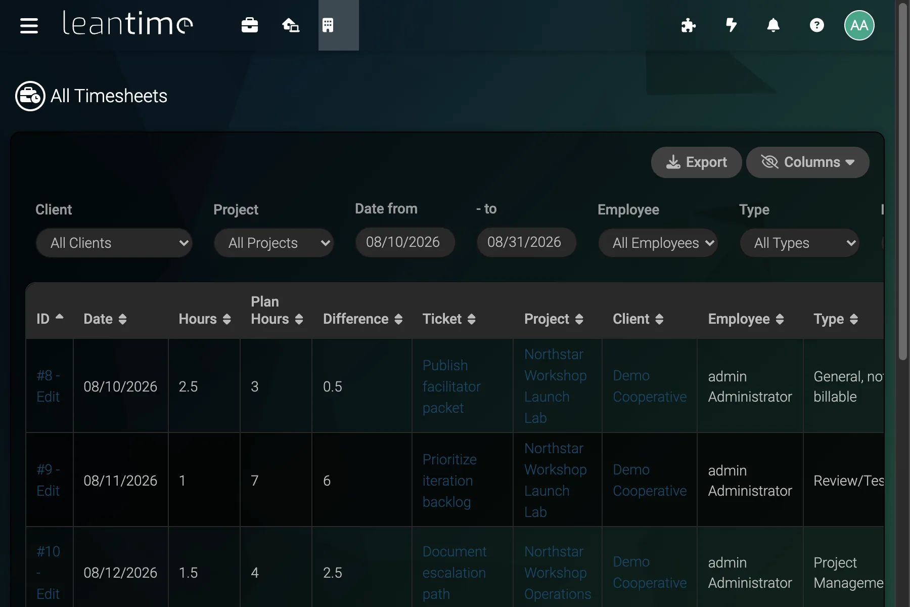 Team Timesheets - wide desktop dark theme in Leantime