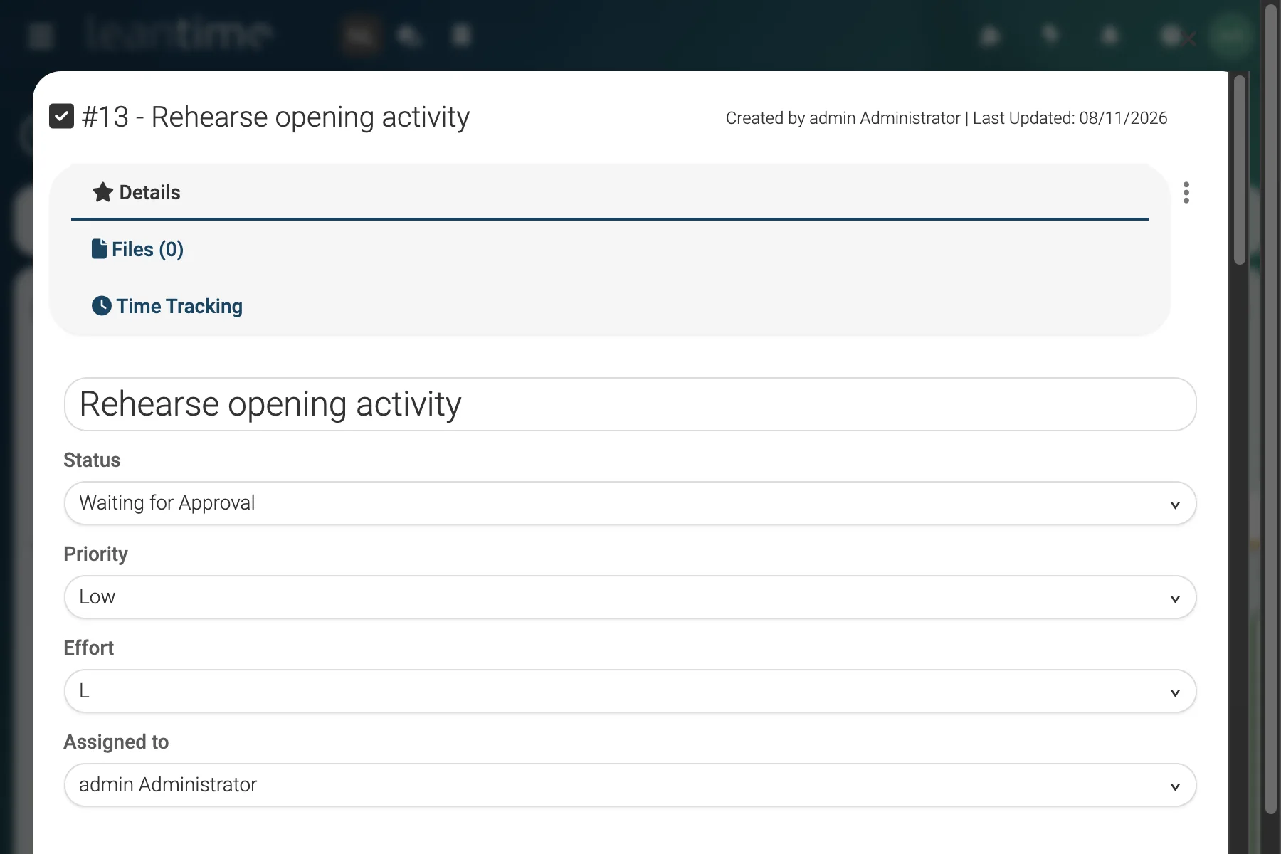 Launch Task Detail - wide desktop light theme in Leantime