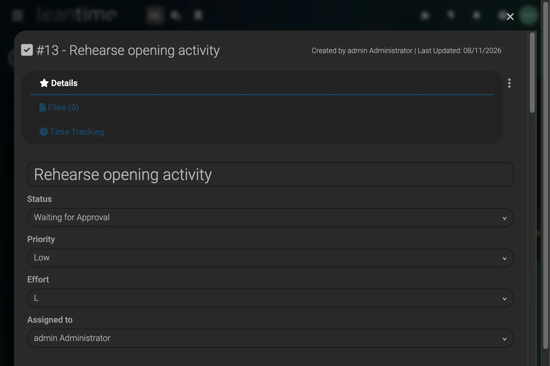 Launch Task Detail - wide desktop dark theme in Leantime