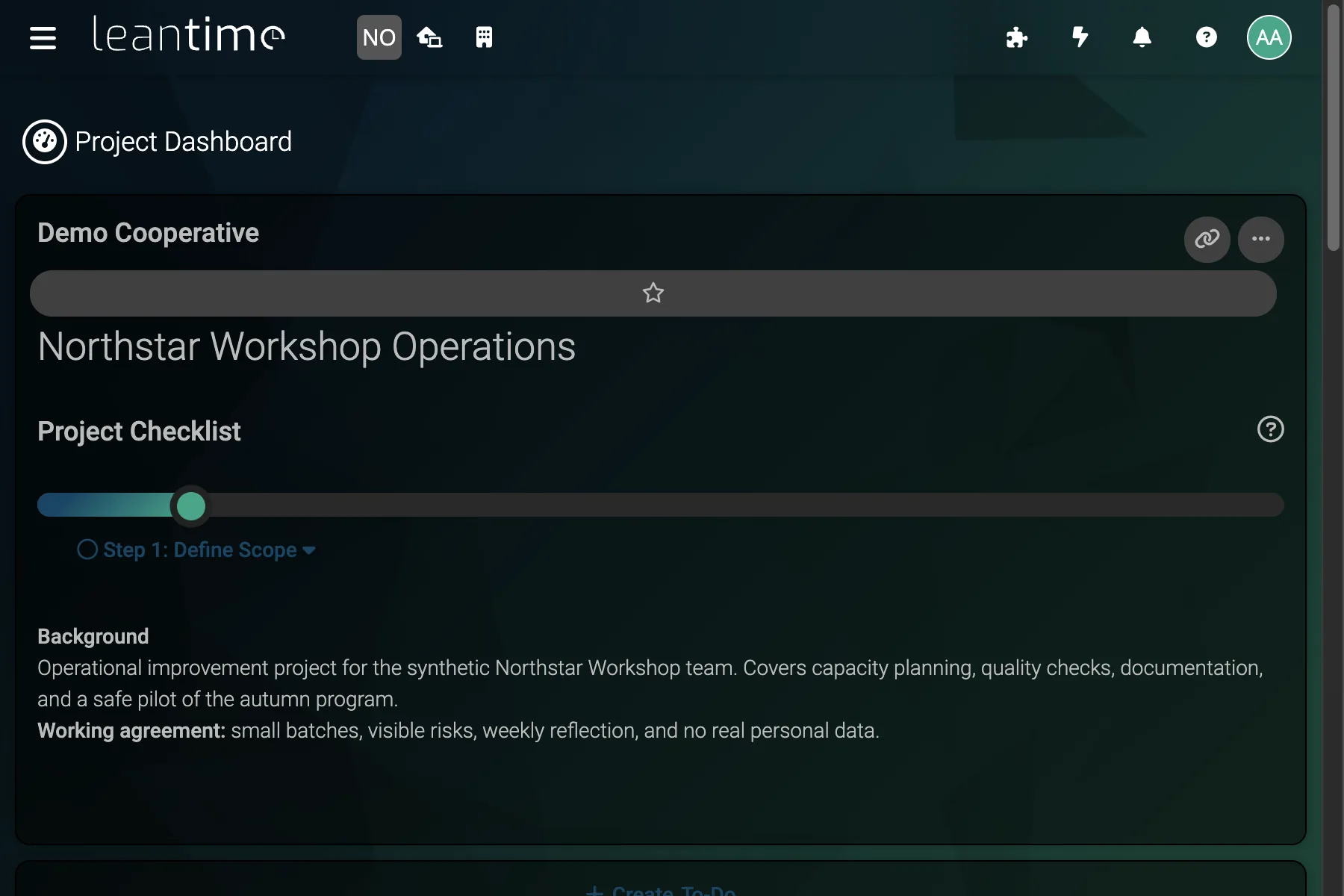 Operations Project Overview - wide desktop dark theme in Leantime