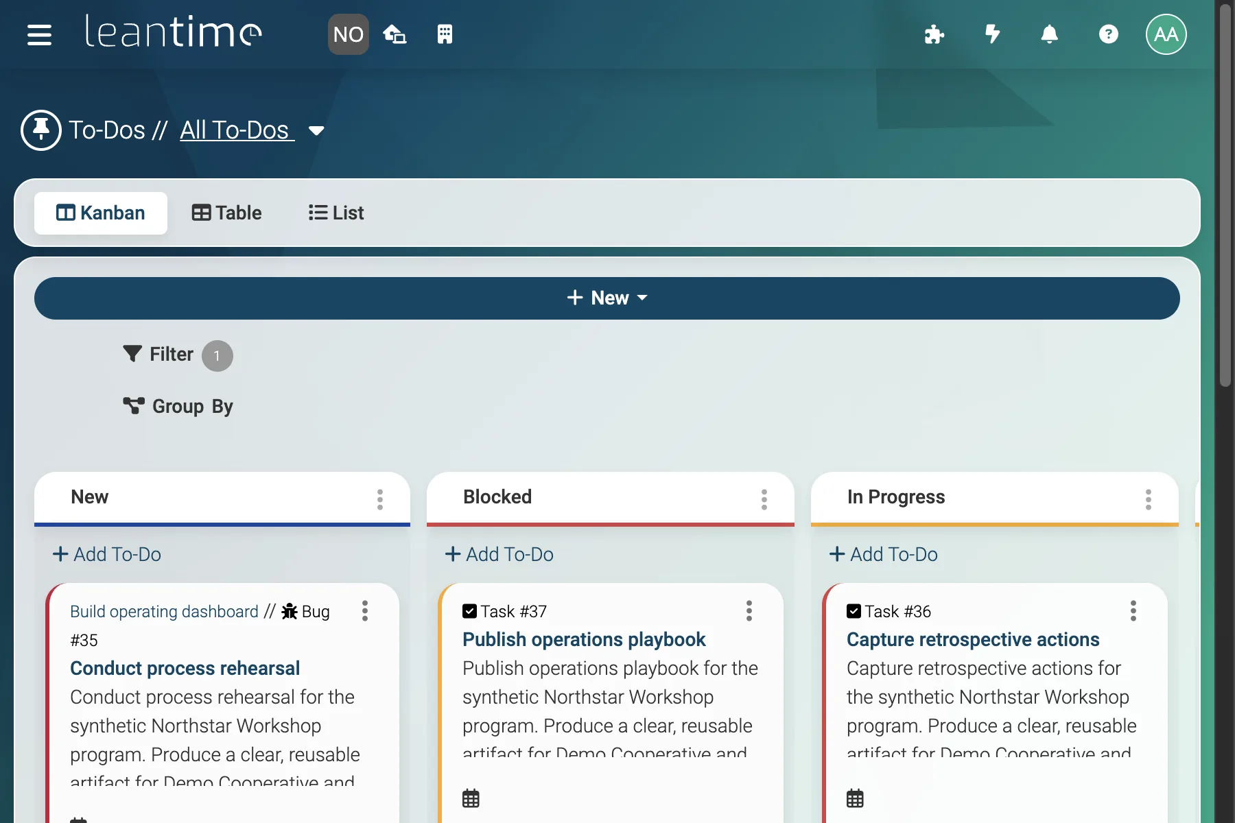 Operations To-Do Kanban - wide desktop light theme in Leantime