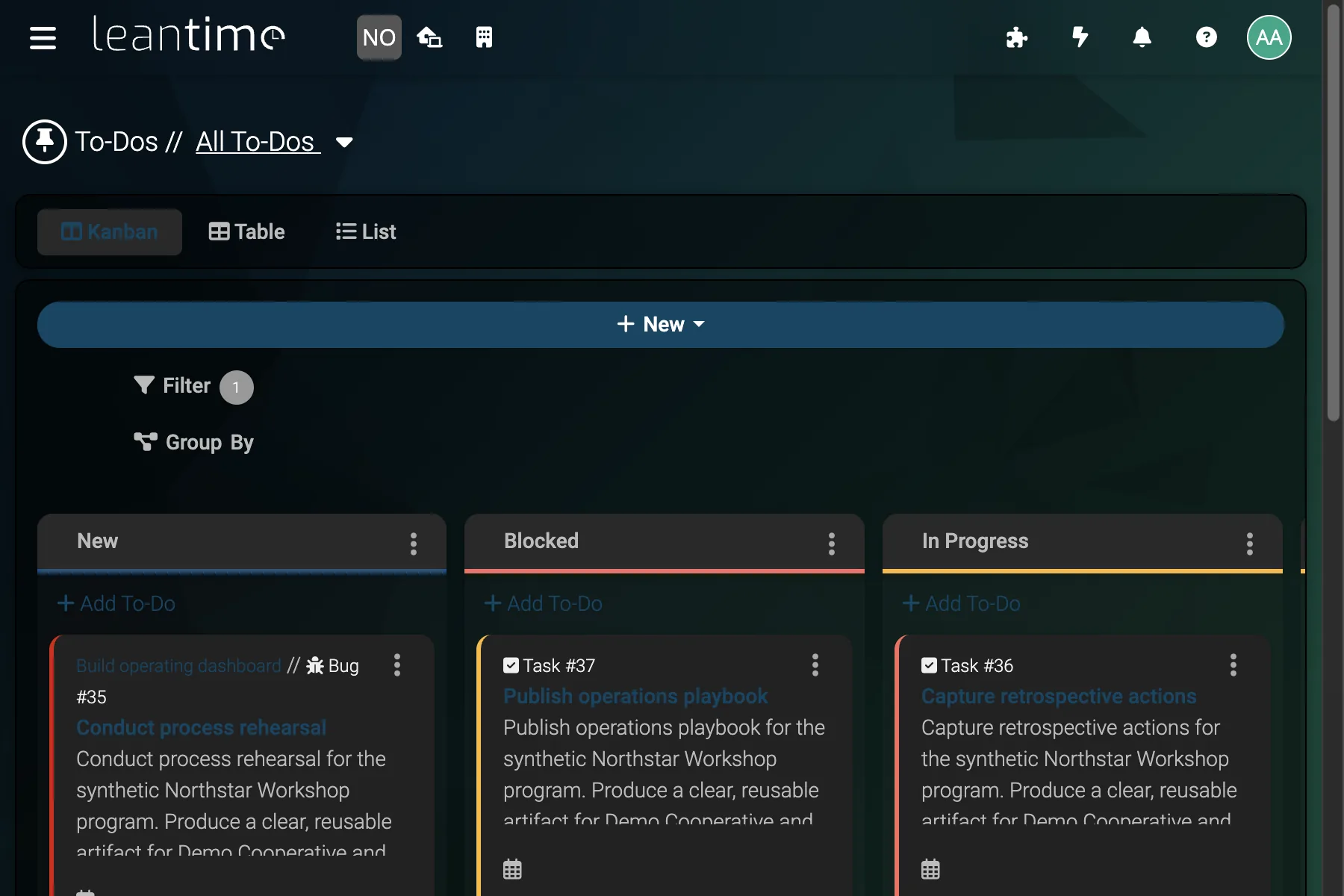 Operations To-Do Kanban - wide desktop dark theme in Leantime