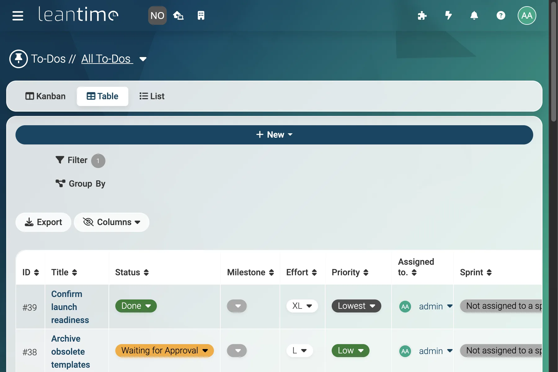 Operations To-Do Table - wide desktop light theme in Leantime