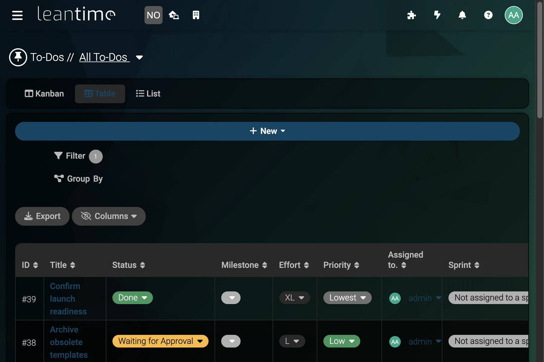 Operations To-Do Table - wide desktop dark theme in Leantime