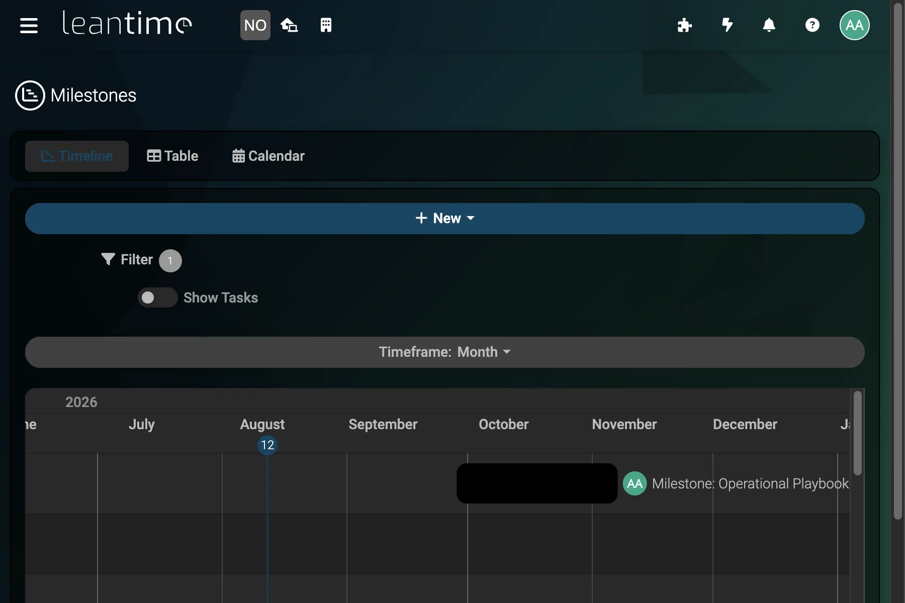 Operations Milestone Roadmap - wide desktop dark theme in Leantime