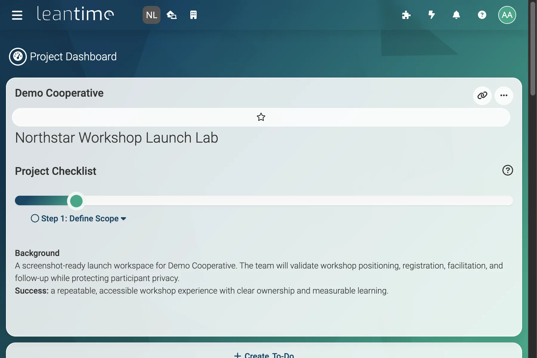 Launch Project Overview - wide desktop light theme in Leantime