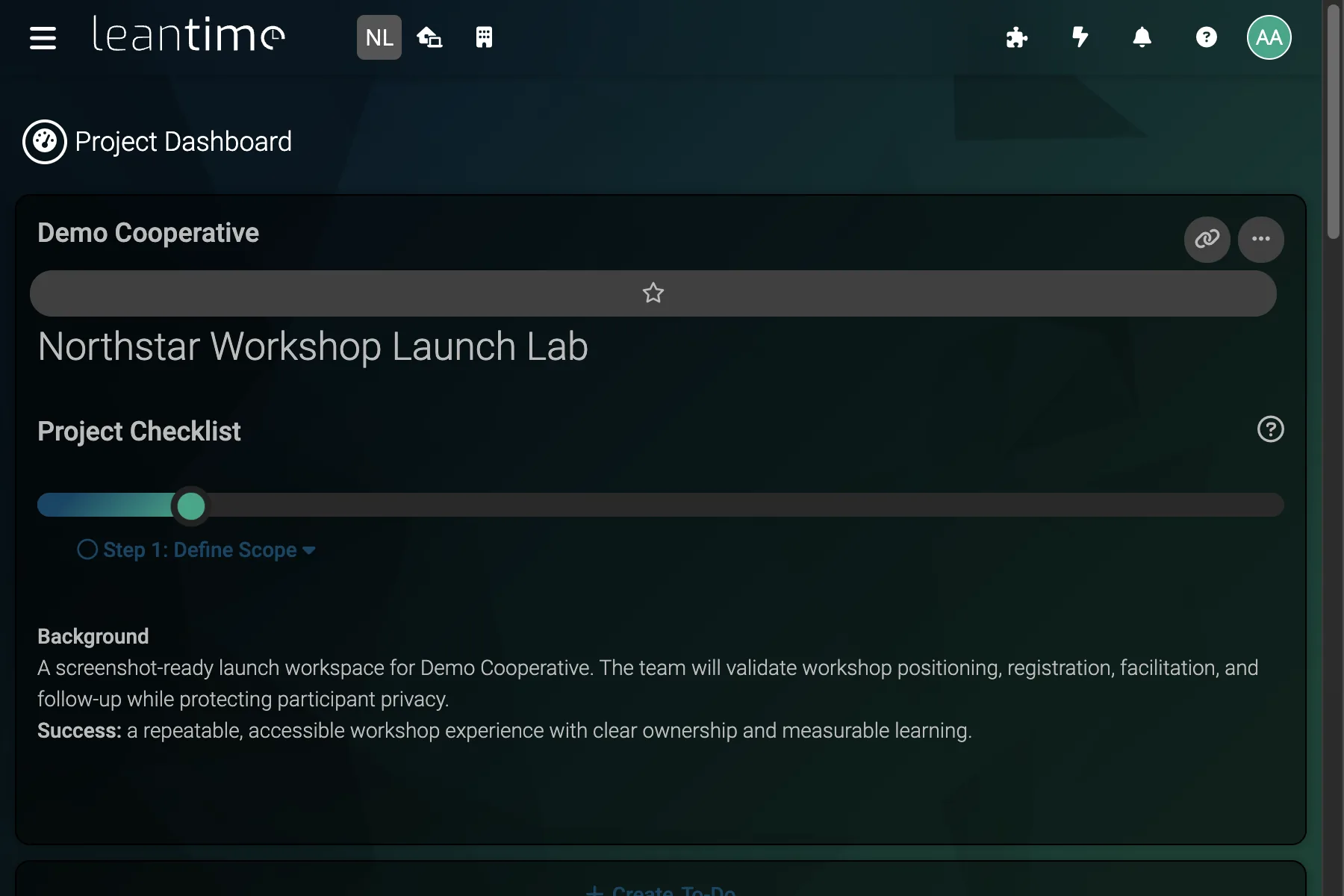 Launch Project Overview - wide desktop dark theme in Leantime