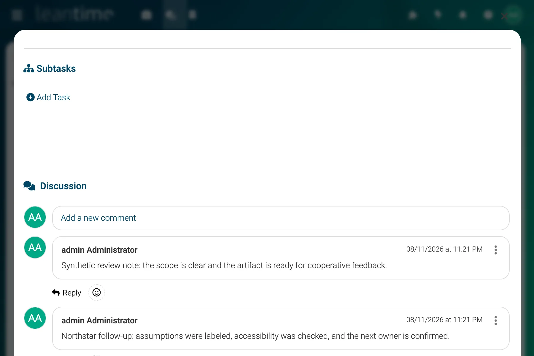 Task Comments and Activity - wide desktop light theme in Leantime