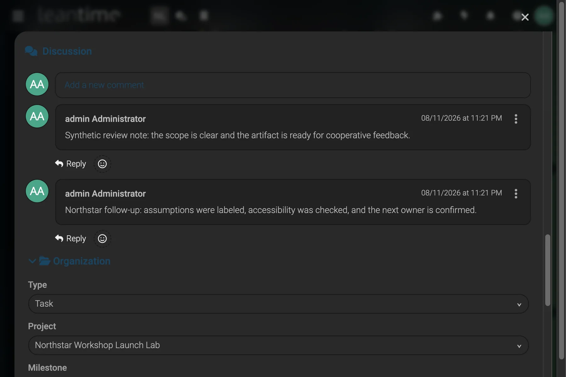 Task Comments and Activity - wide desktop dark theme in Leantime