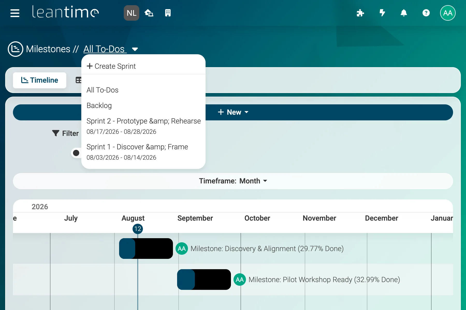 Sprint Selector - wide desktop light theme in Leantime